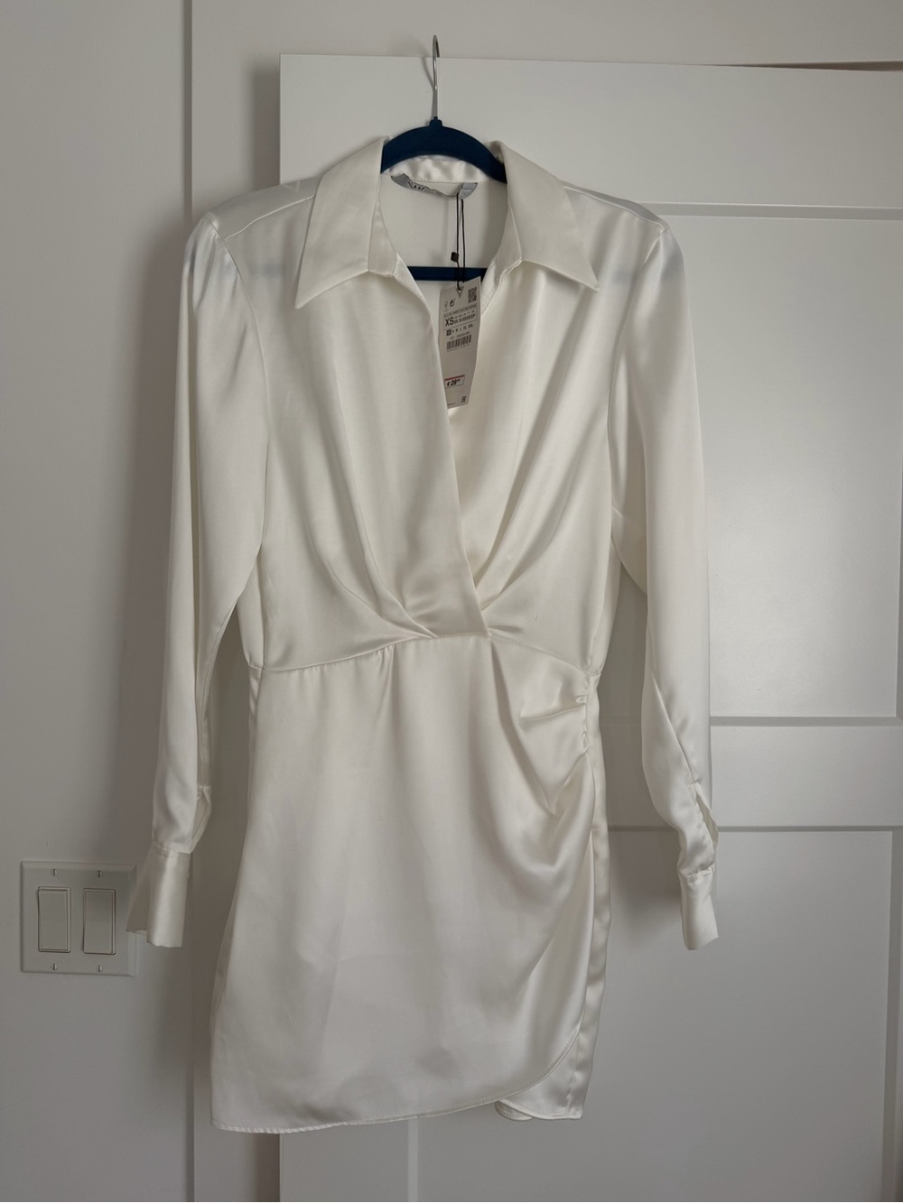 Zara Cream Satin Long-Sleeve Wrap Mini Dress